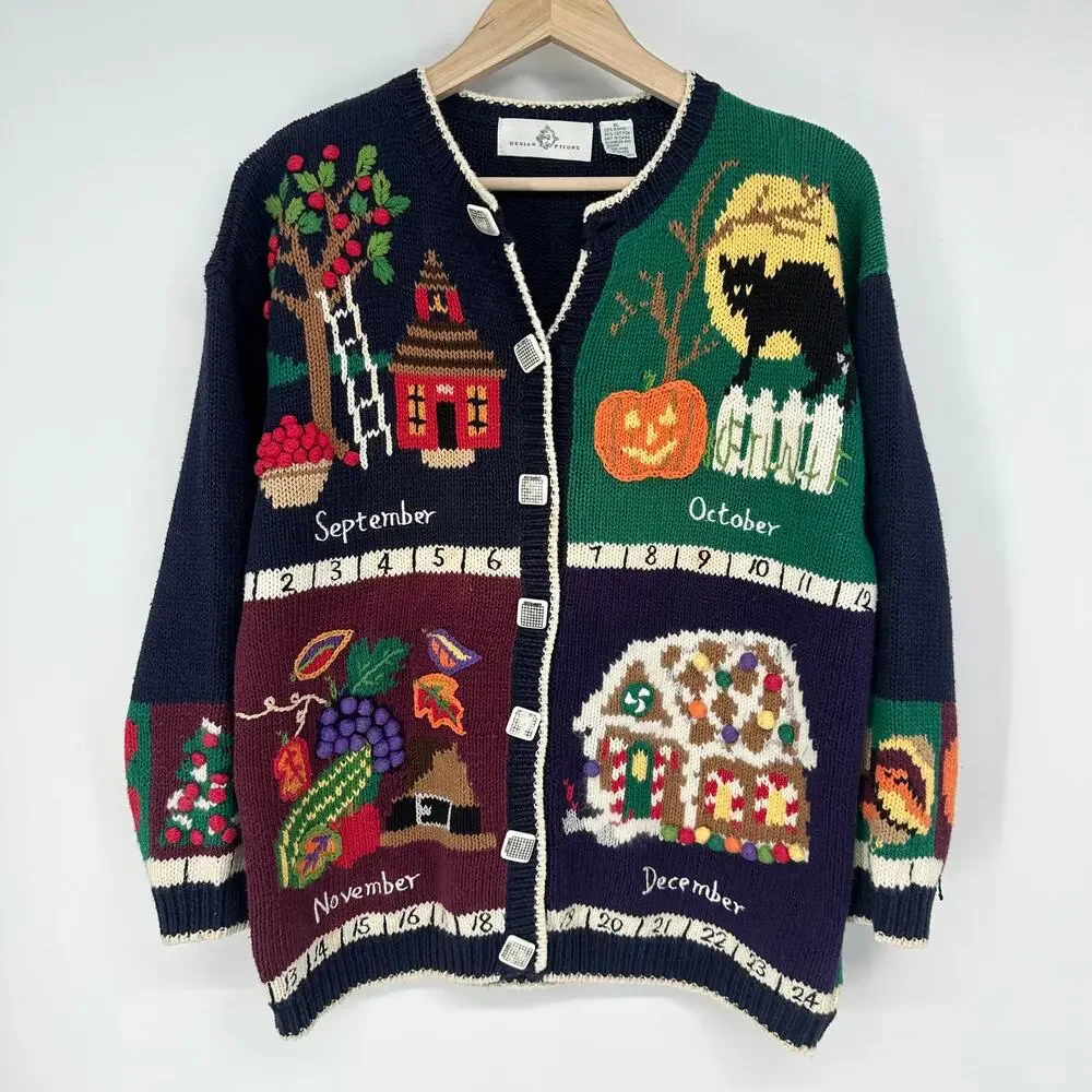 Vintage 90’s Teacher Sweater Fall Winter Months Novelty Chunky Knit Cardigan - Picture 1 of 14